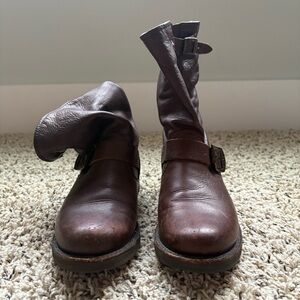 Frye Brown Combat Moto Boots with Buckle Detail